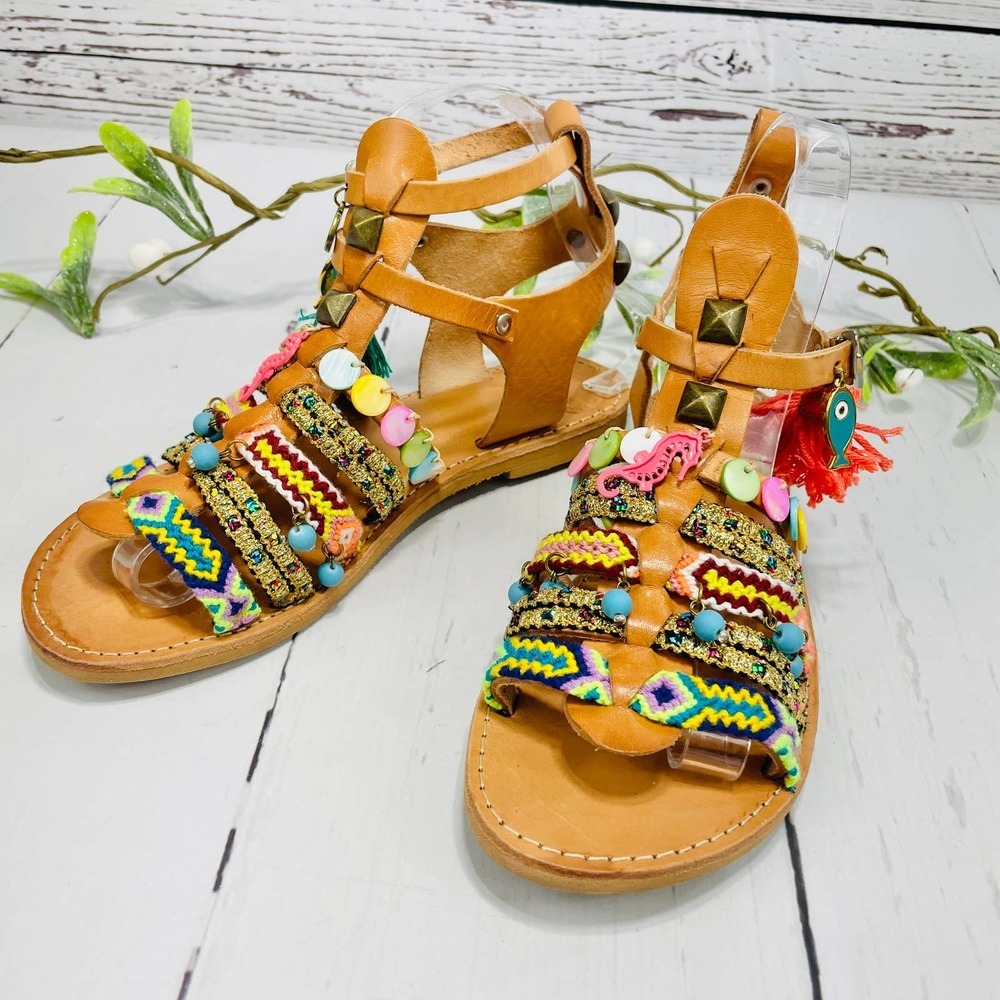 ELINA LINARDAKI Sandals - Beige  Ankle Strap Charm Flat Sandals - Picture 1 of 12
